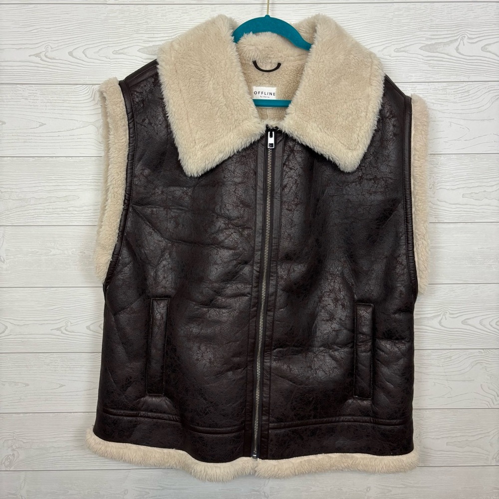 Offline By Aerie Faux Leather Sherpa Vest NWT Cozy Zip Up